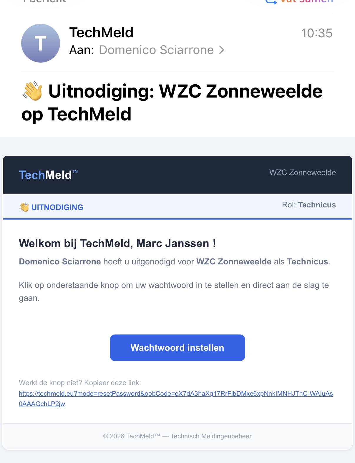 TechMeld e-mail notificatie met meldingsdetails